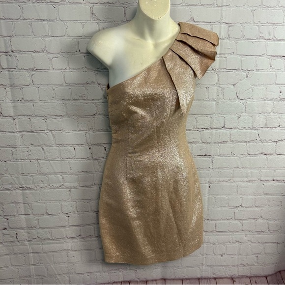 Trina Turk Gold Shimmer one shoulder embellished formal mini dress glam - Picture 3 of 11